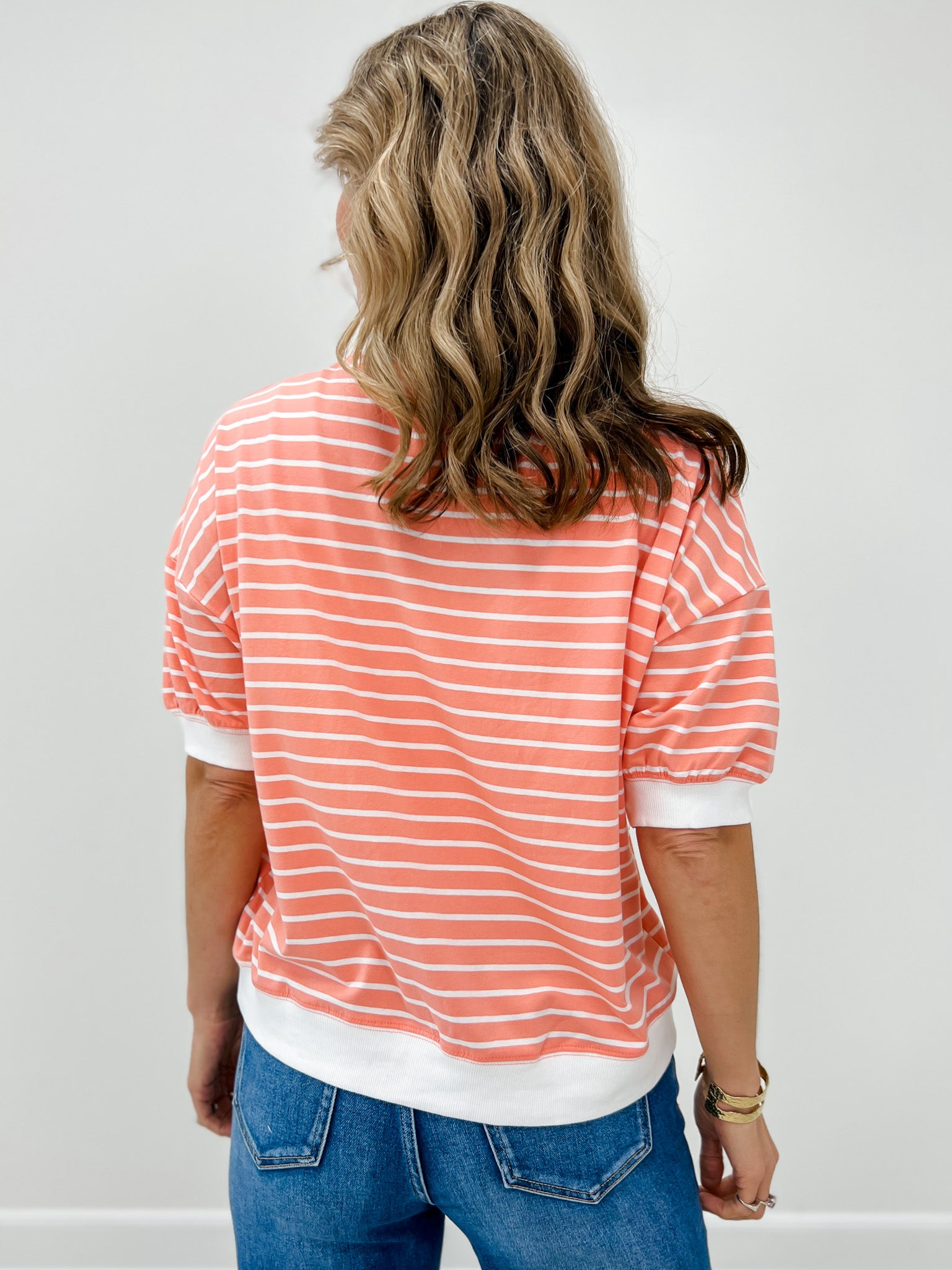 Striped Rib Banded Pullover Top With Dorito Neck Stitch-GRP A