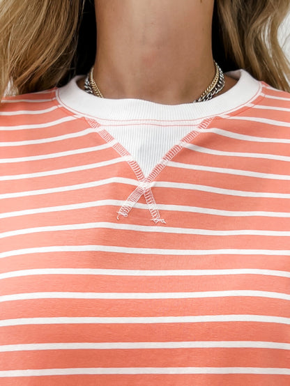 Striped Rib Banded Pullover Top With Dorito Neck Stitch-GRP A