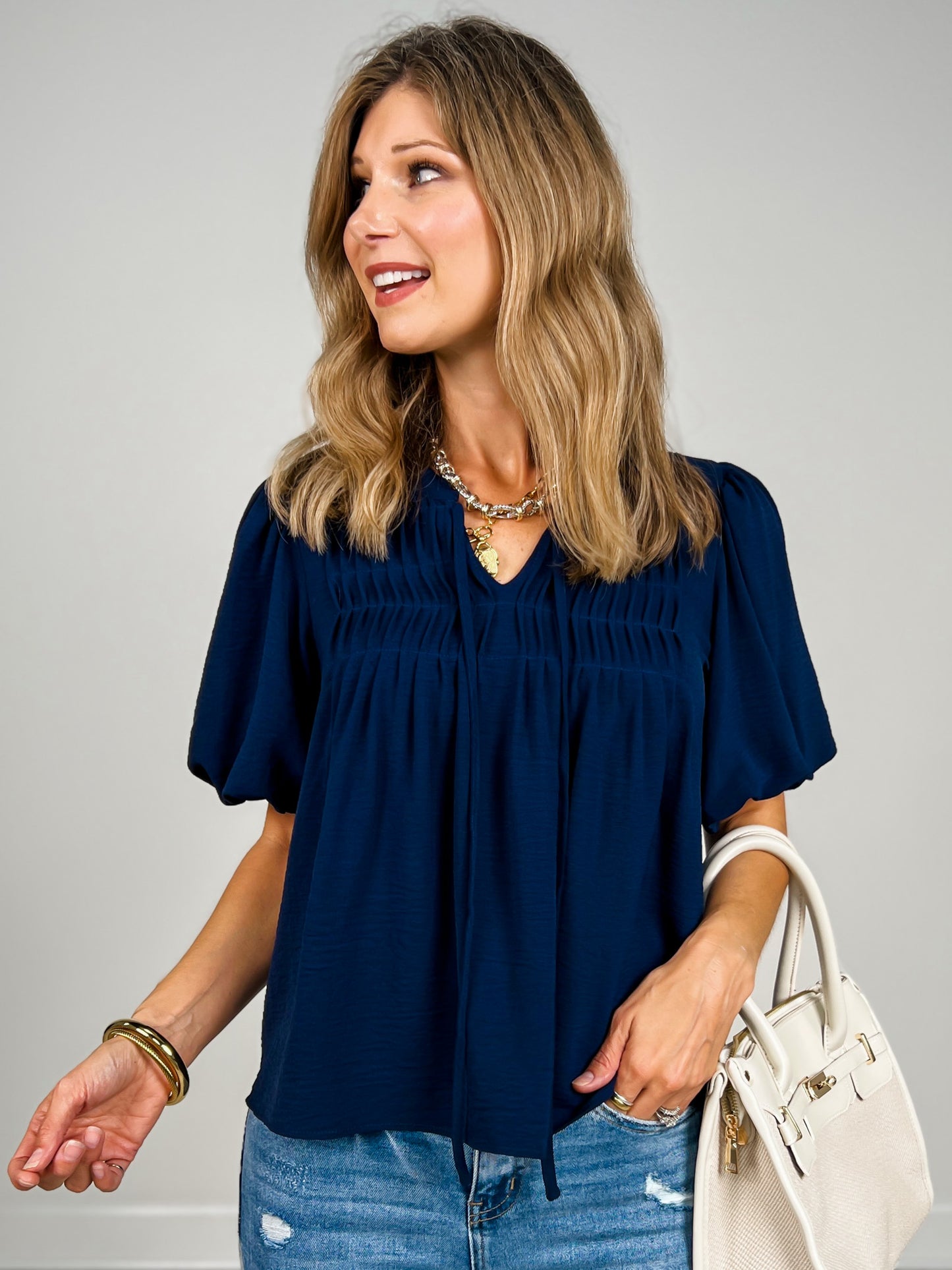Puff Sleeve Woven Pintuck Detail with Neck Tie Top