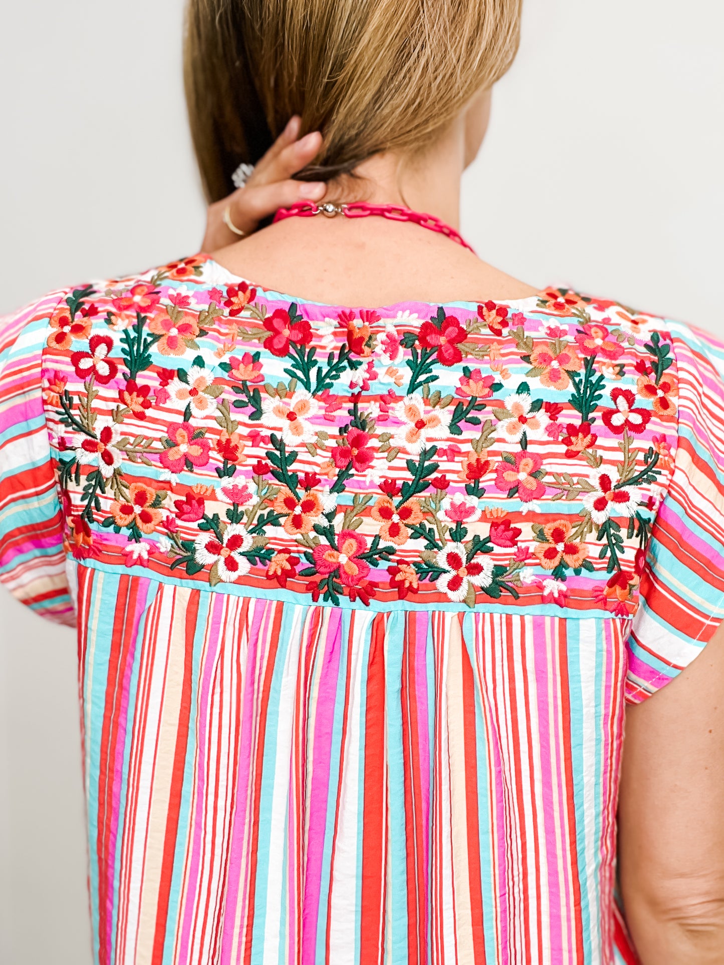 Color In The Lines Flutter Sleeve Embroidered Top