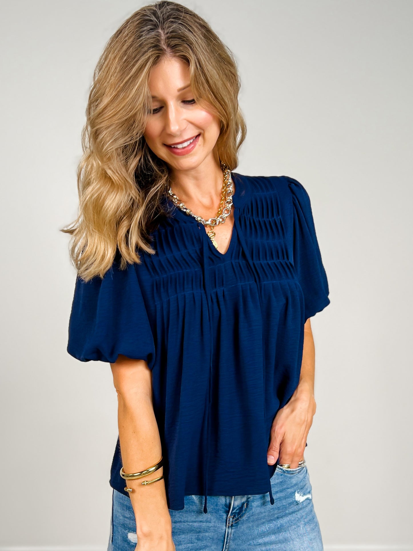 Puff Sleeve Woven Pintuck Detail with Neck Tie Top