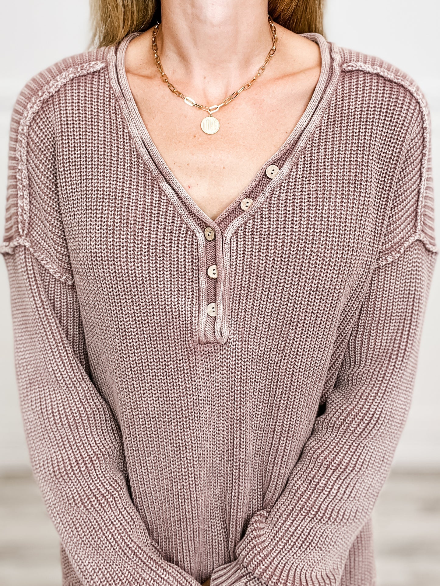 Washed Yarn V-Neck Button Detail Raw Edge Sweater