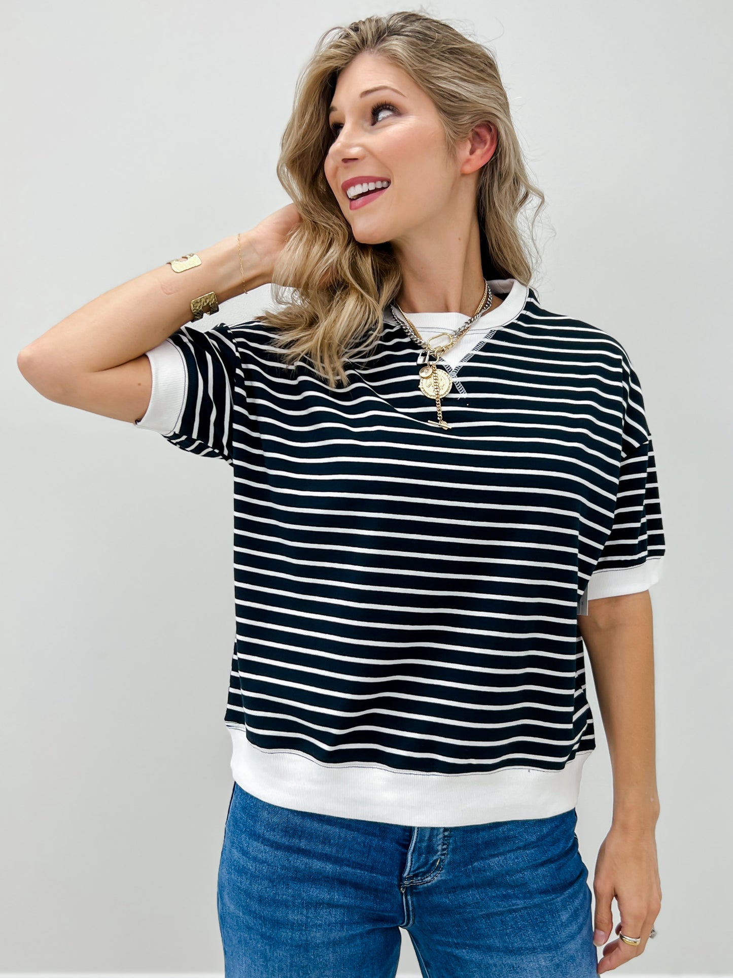 Striped Rib Banded Pullover Top With Dorito Neck Stitch-GRP A