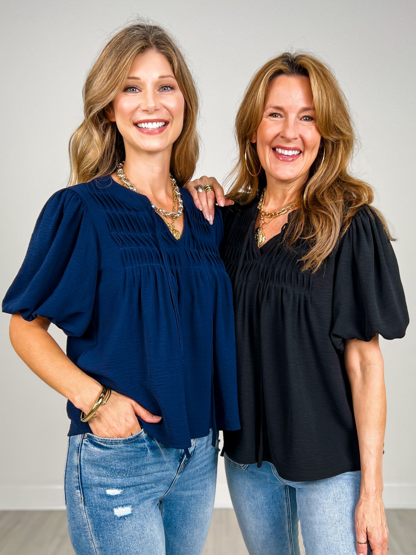 Puff Sleeve Woven Pintuck Detail with Neck Tie Top