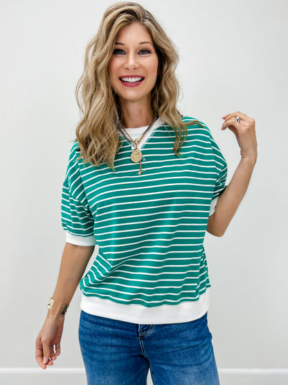 Striped Rib Banded Pullover Top With Dorito Neck Stitch-GRP A