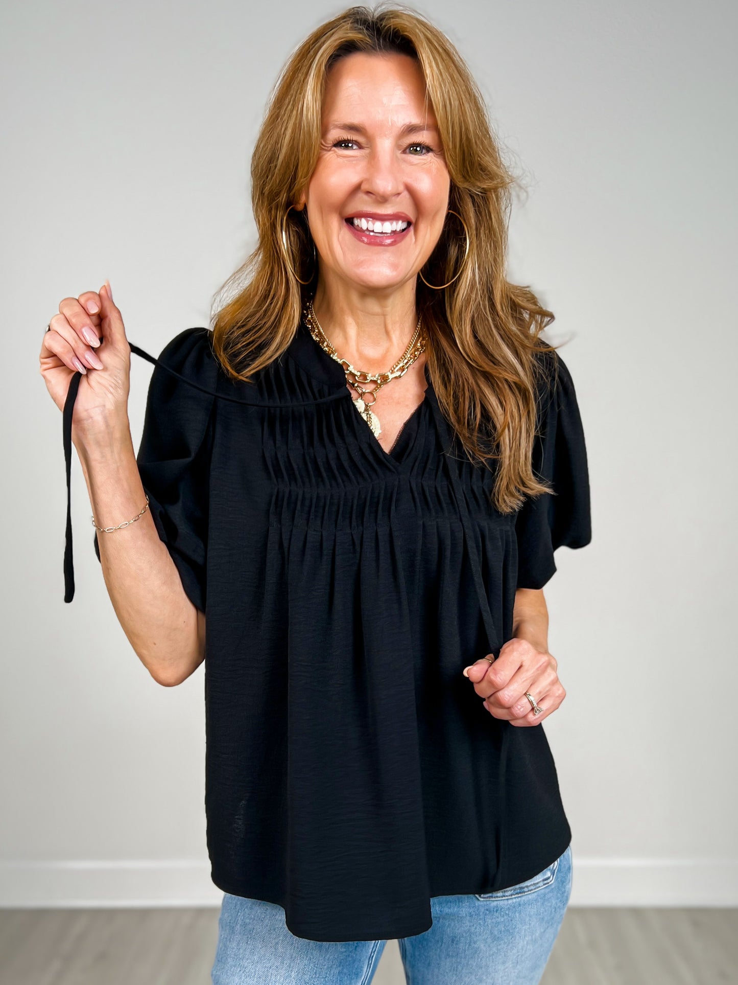 Puff Sleeve Woven Pintuck Detail with Neck Tie Top