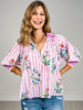 3/4 Sleeve Half Zip Floral Print Top