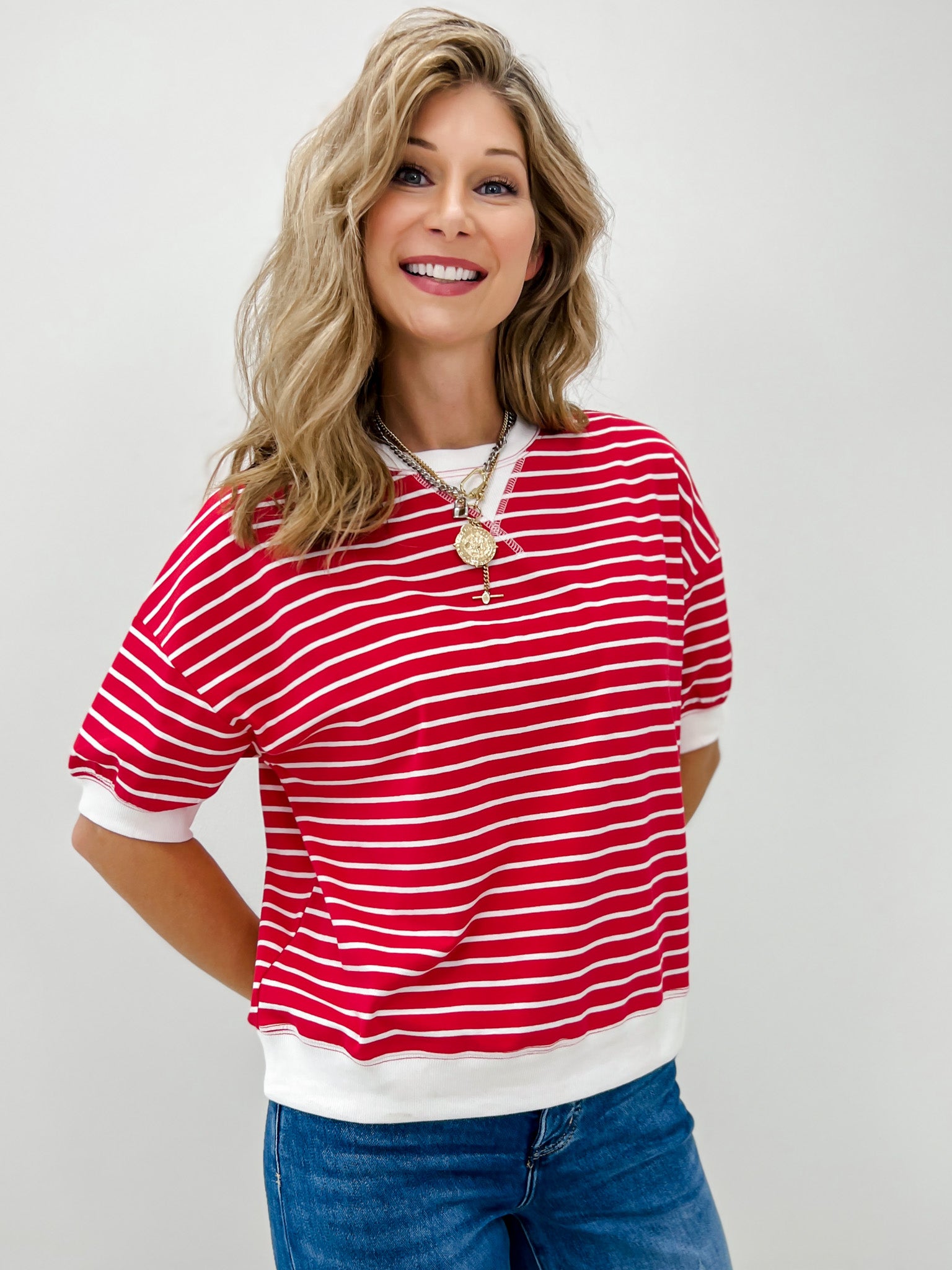 Striped Rib Banded Pullover Top With Dorito Neck Stitch-Grp B