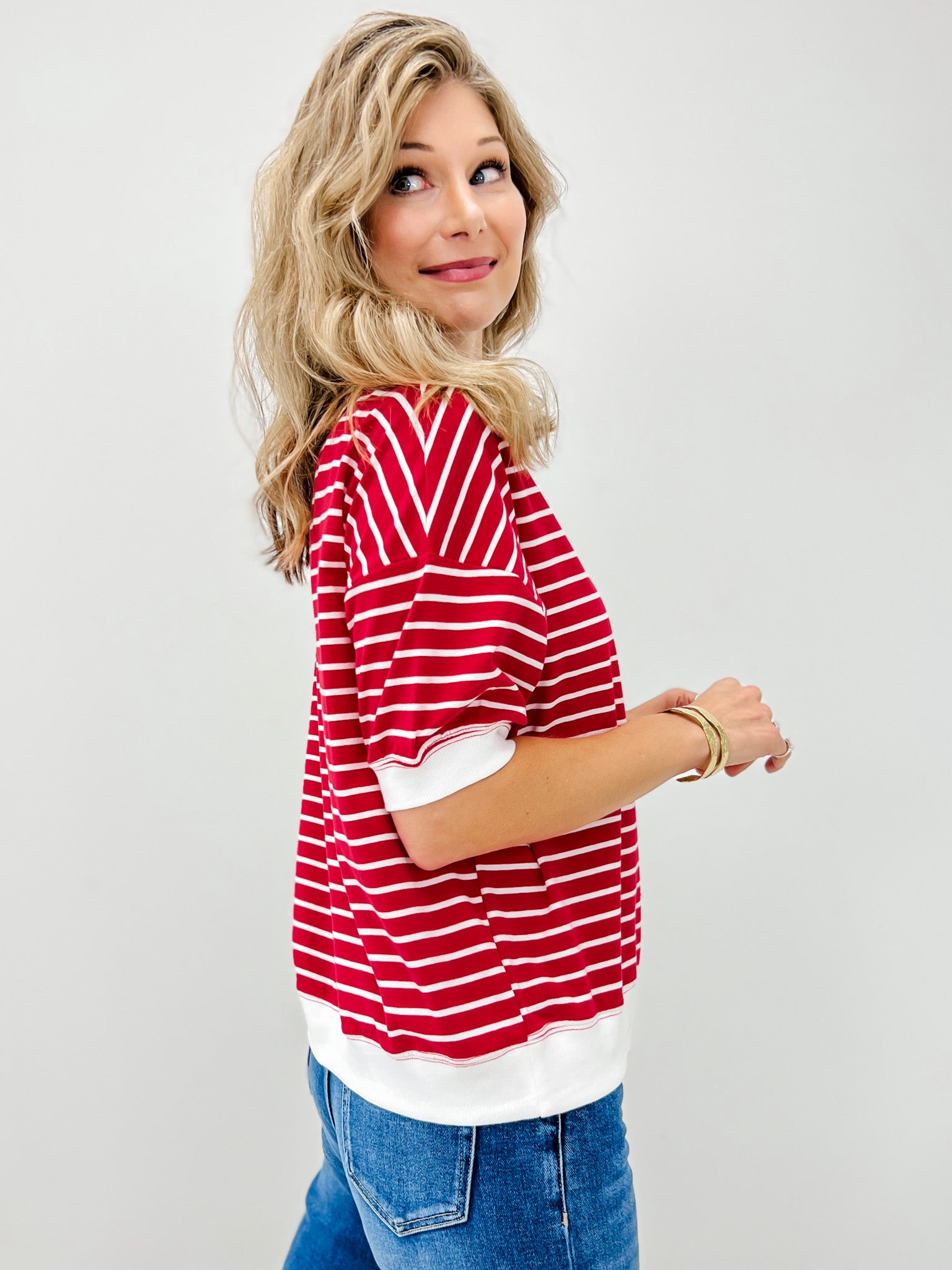 Striped Rib Banded Pullover Top With Dorito Neck Stitch-Grp B