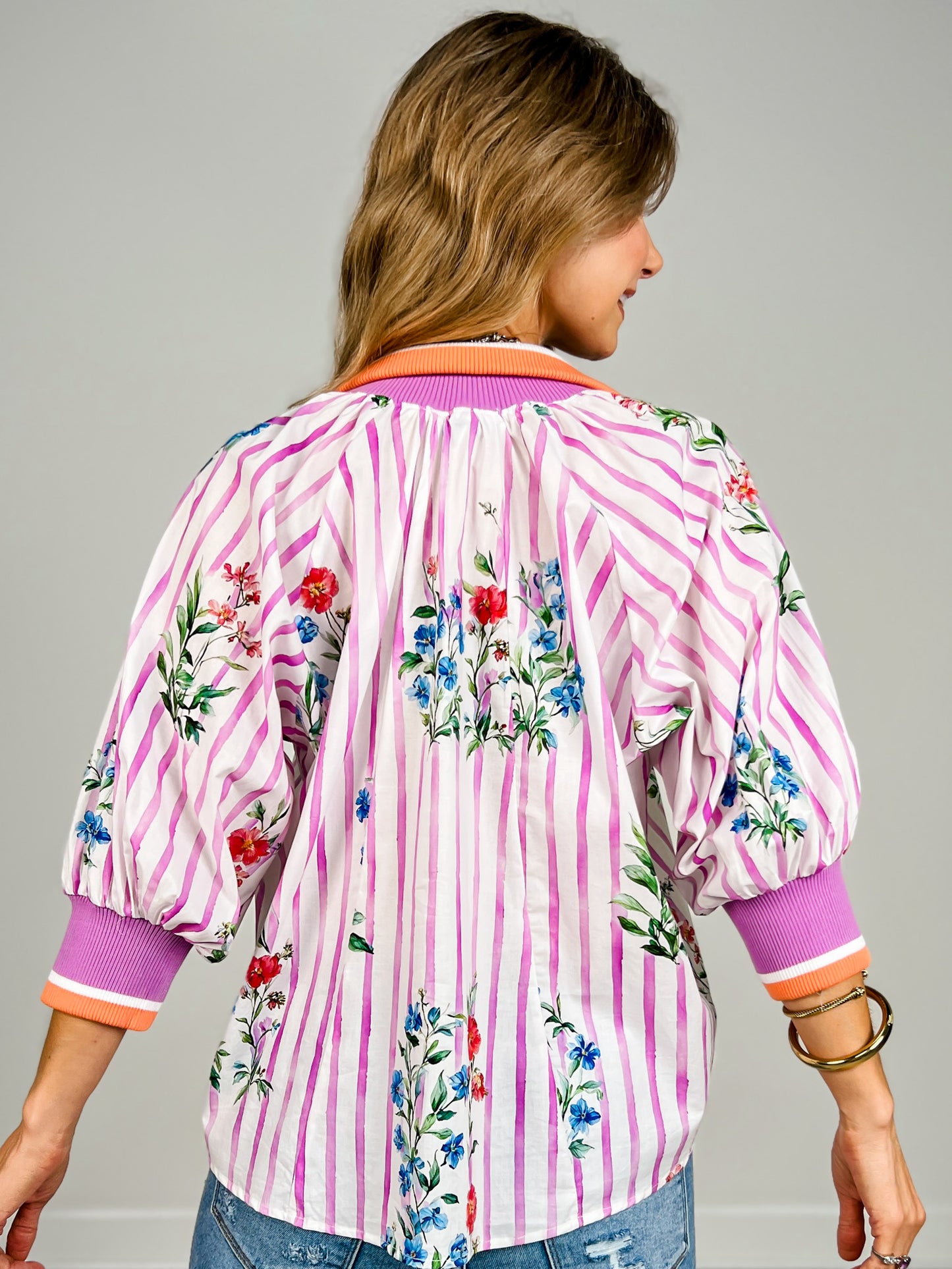 3/4 Sleeve Half Zip Floral Print Top