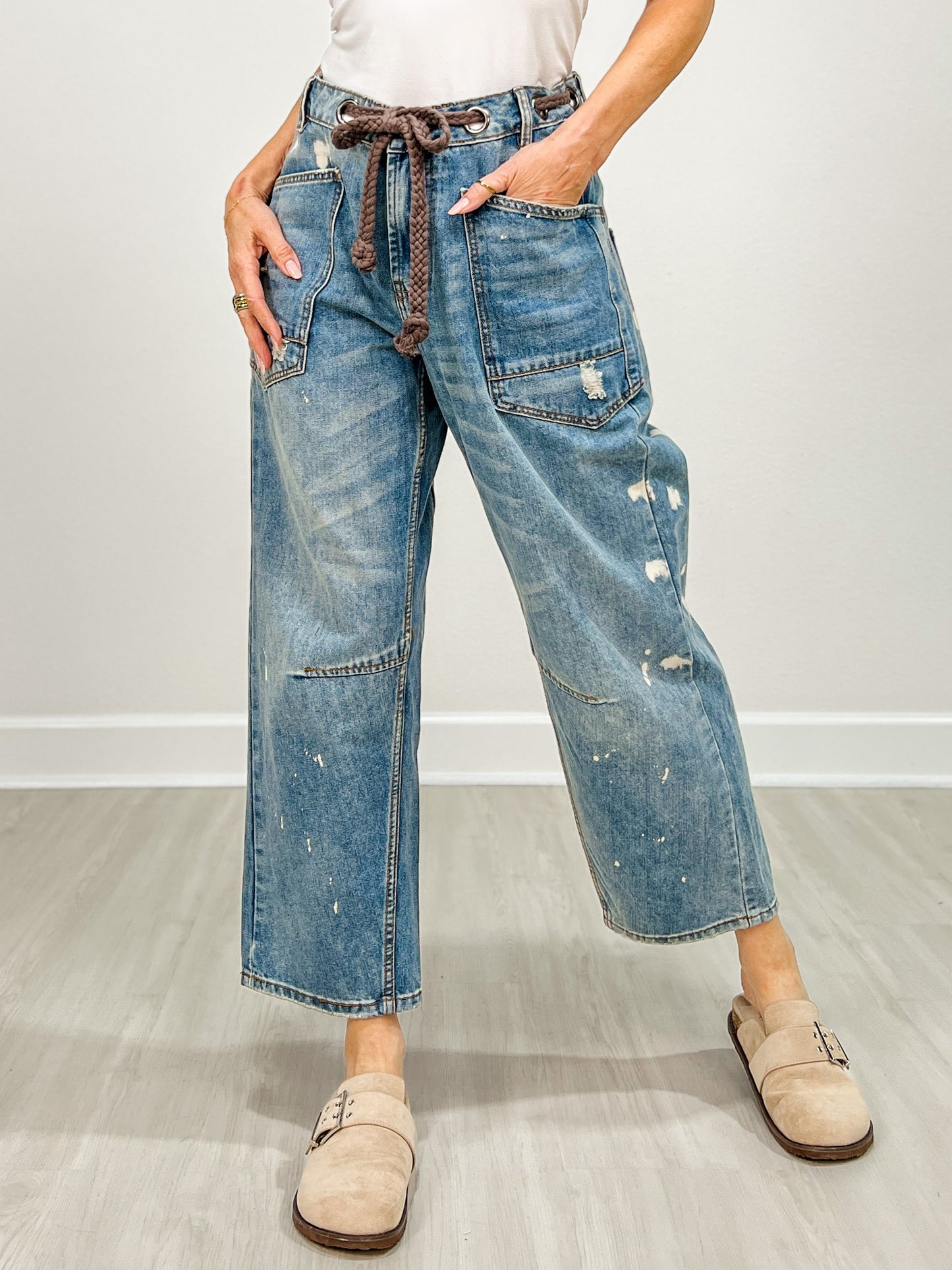 Washed Paint Splattered Barrel Jeans