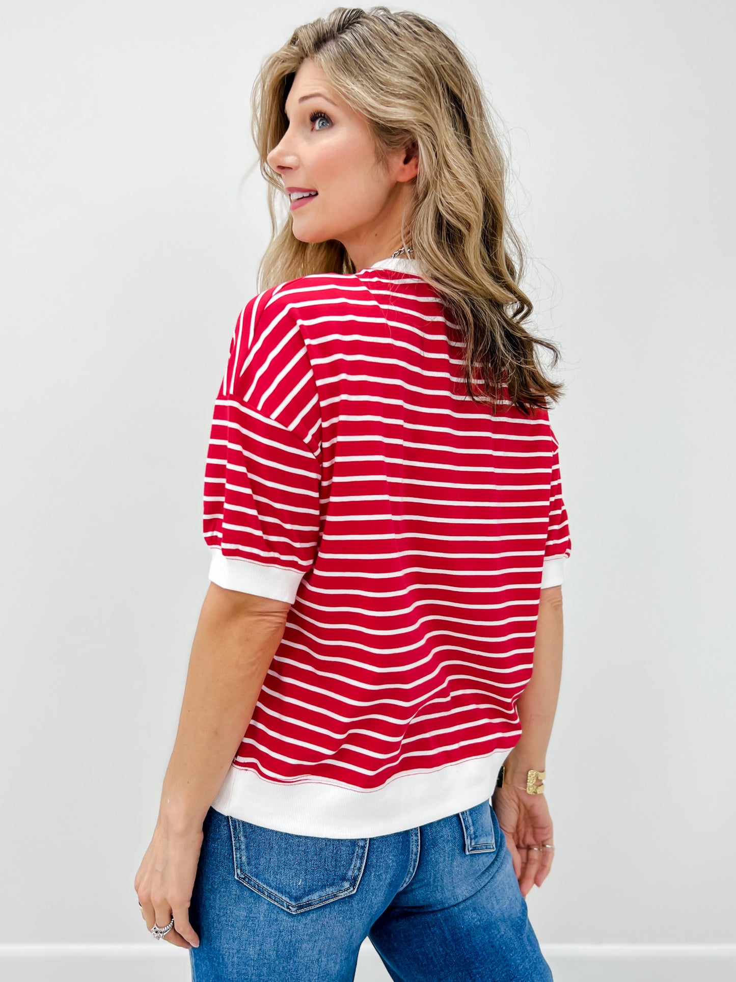 Striped Rib Banded Pullover Top With Dorito Neck Stitch-Grp B