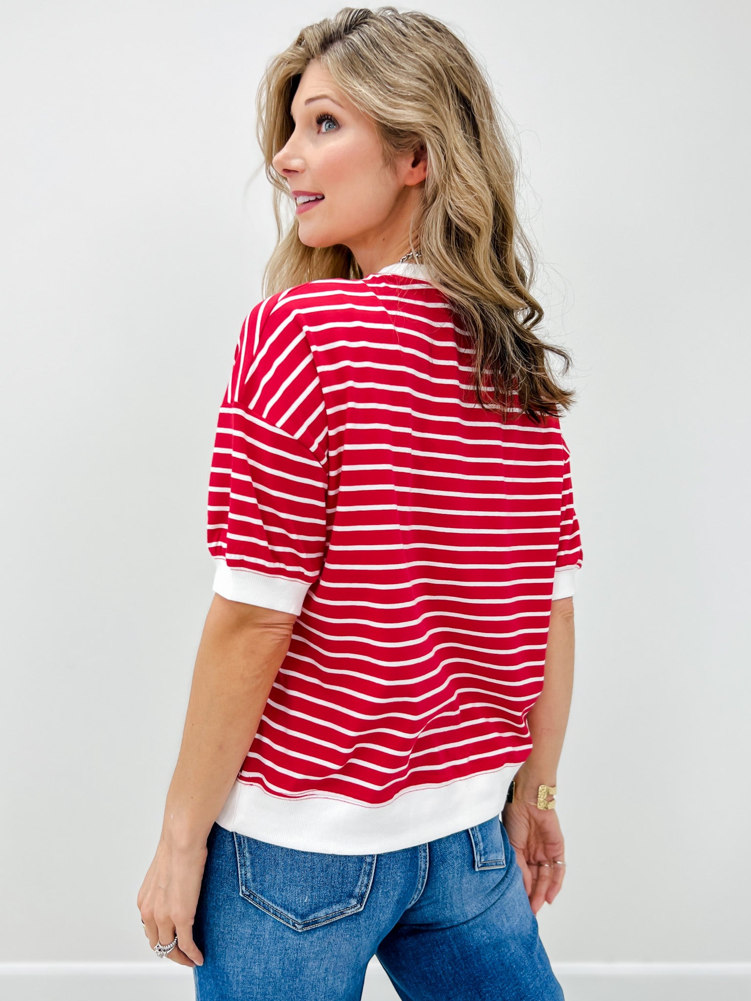 Striped Rib Banded Pullover Top With Dorito Neck Stitch-Grp B