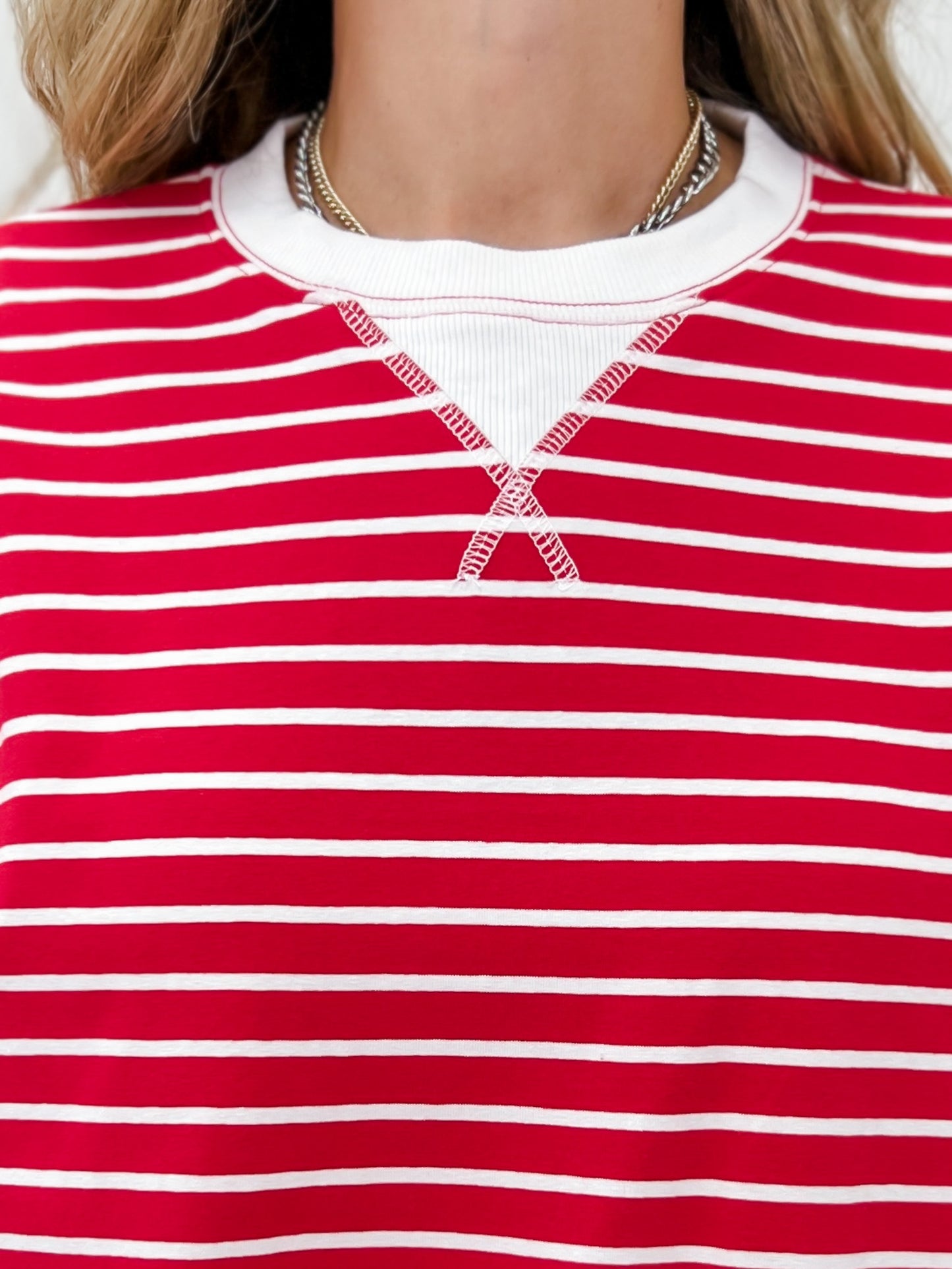 Striped Rib Banded Pullover Top With Dorito Neck Stitch-Grp B