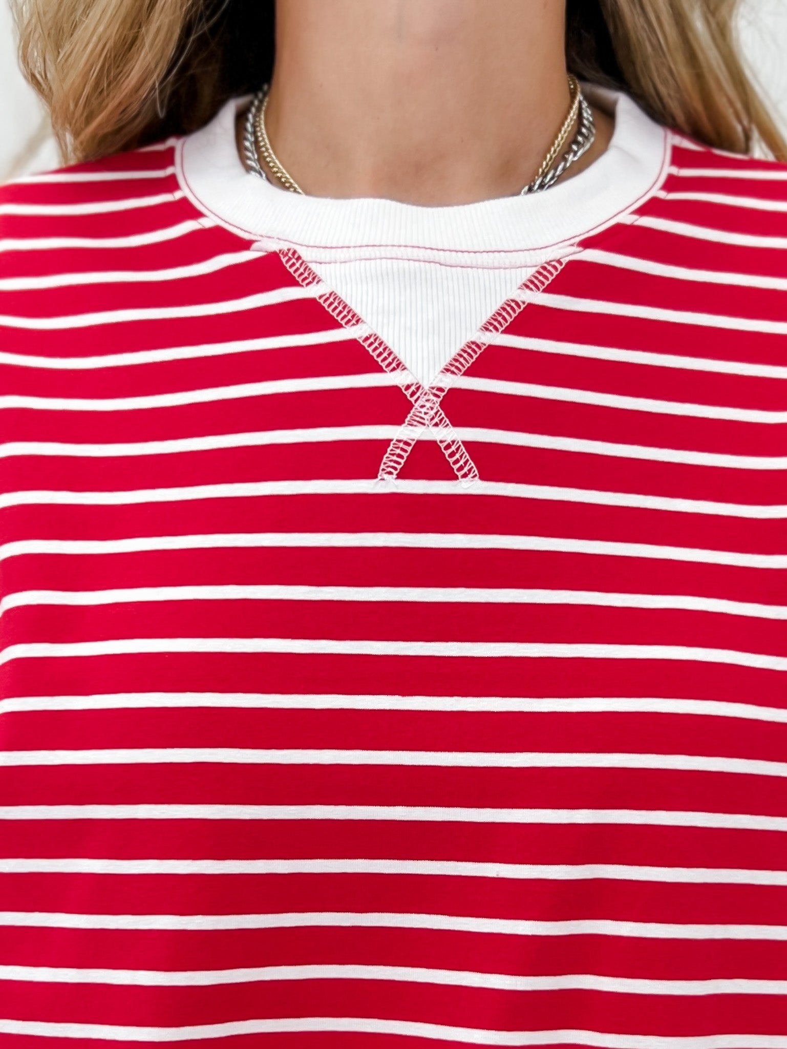 Striped Rib Banded Pullover Top With Dorito Neck Stitch-Grp B