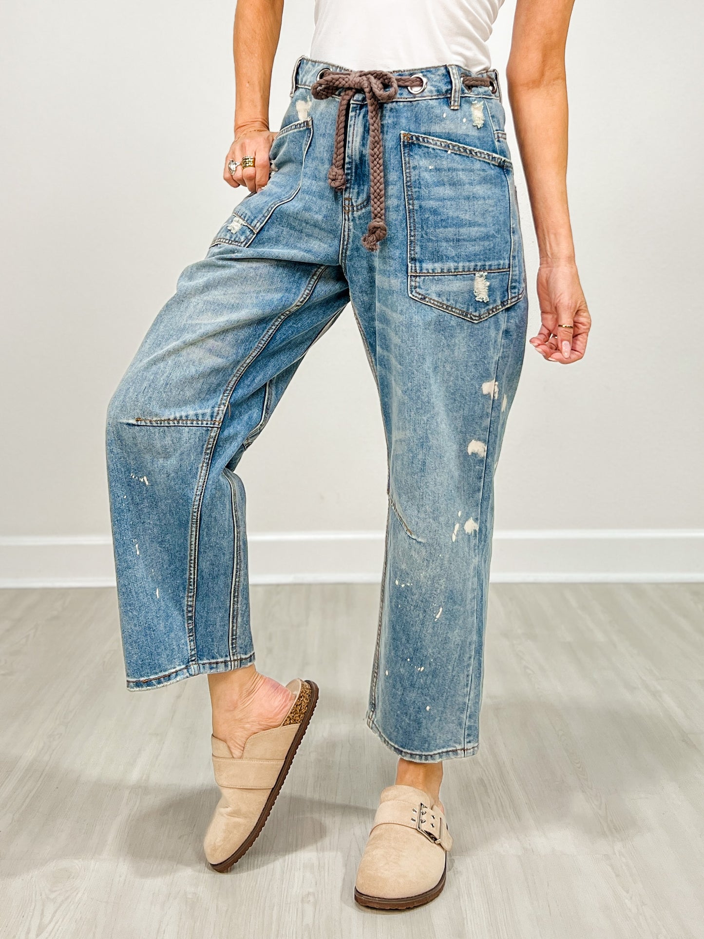 Washed Paint Splattered Barrel Jeans