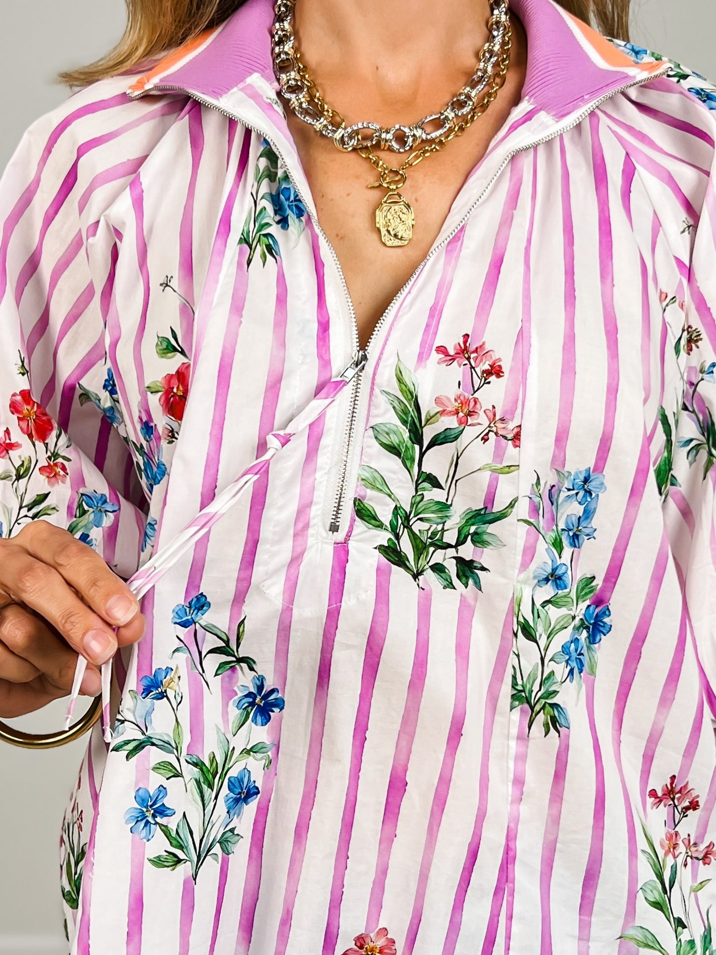 3/4 Sleeve Half Zip Floral Print Top