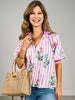 3/4 Sleeve Half Zip Floral Print Top