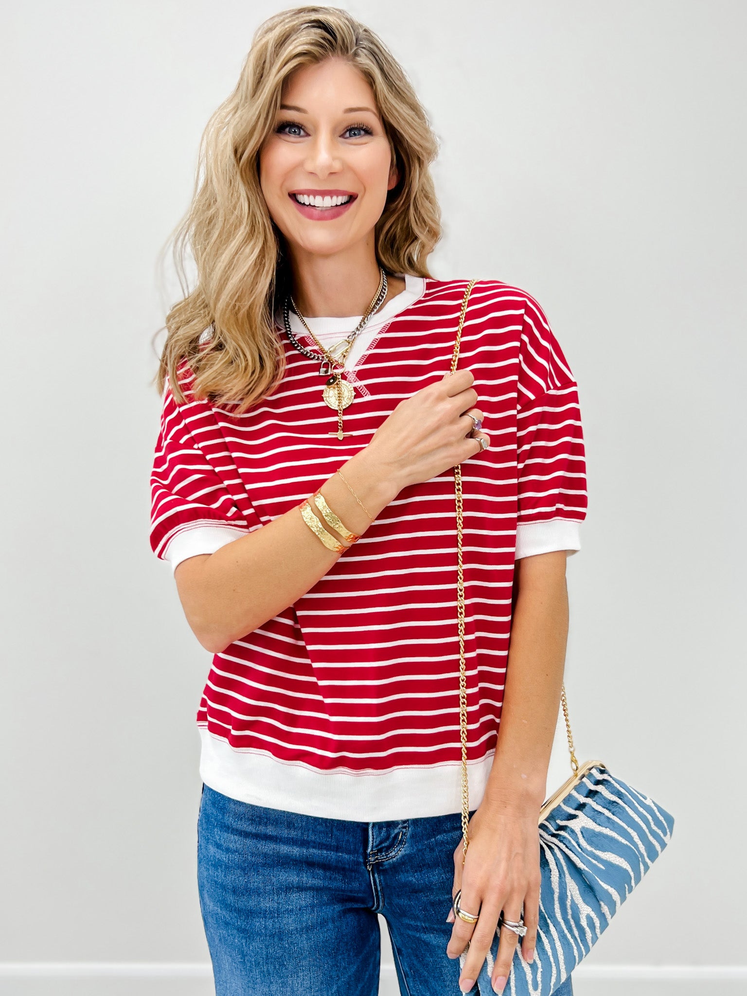 Striped Rib Banded Pullover Top With Dorito Neck Stitch-Grp B