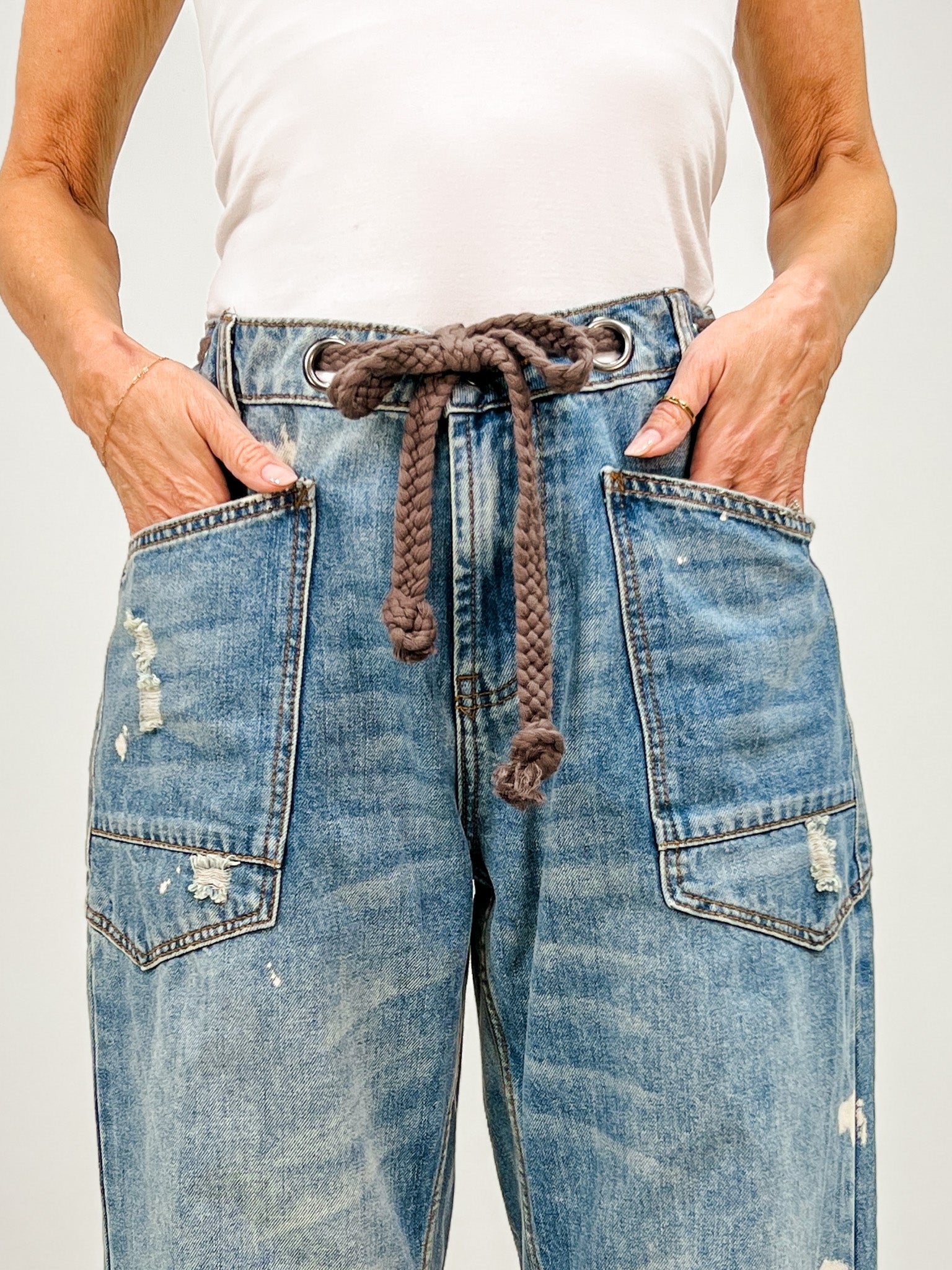 Washed Paint Splattered Barrel Jeans