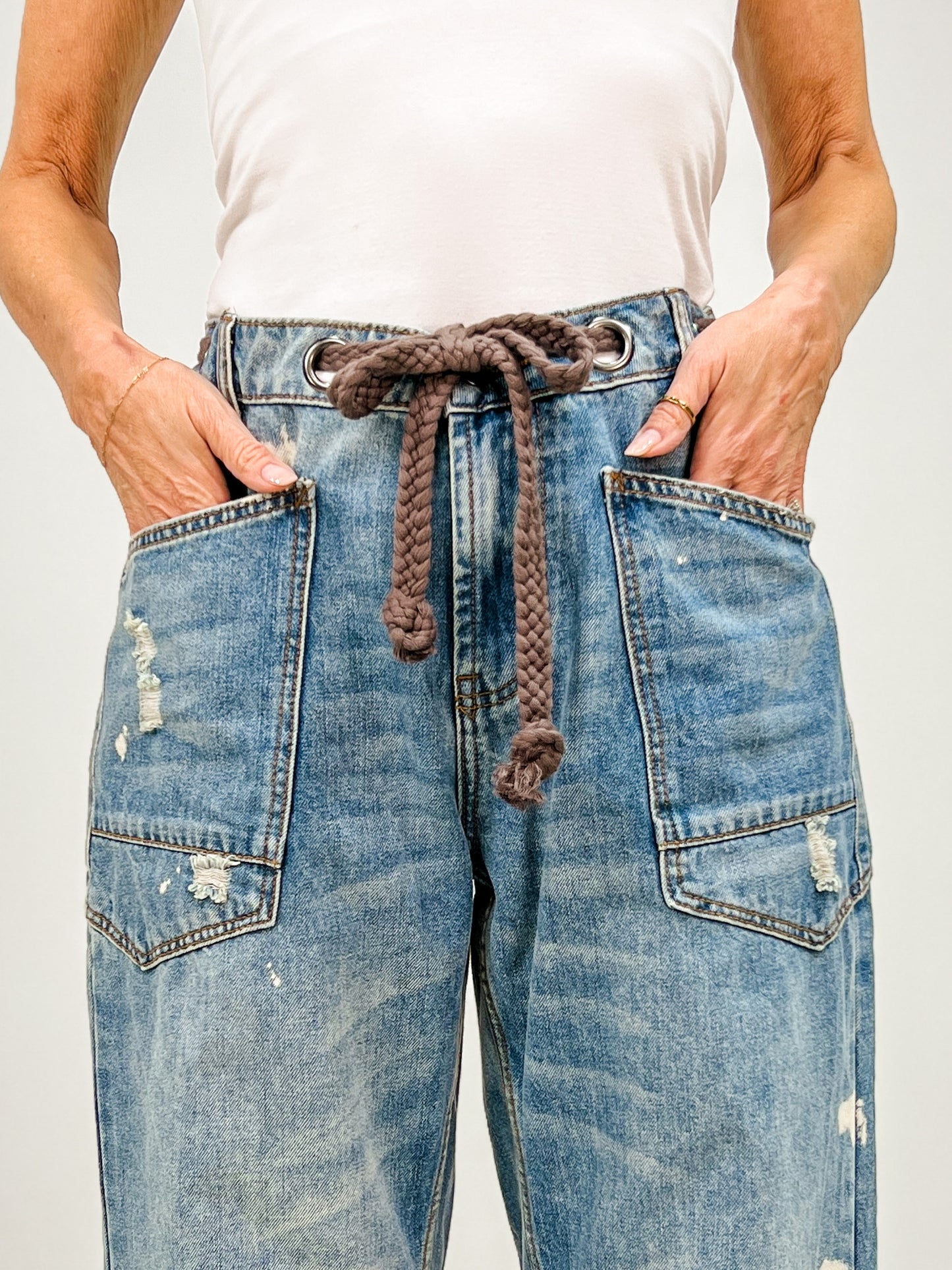 Washed Paint Splattered Barrel Jeans