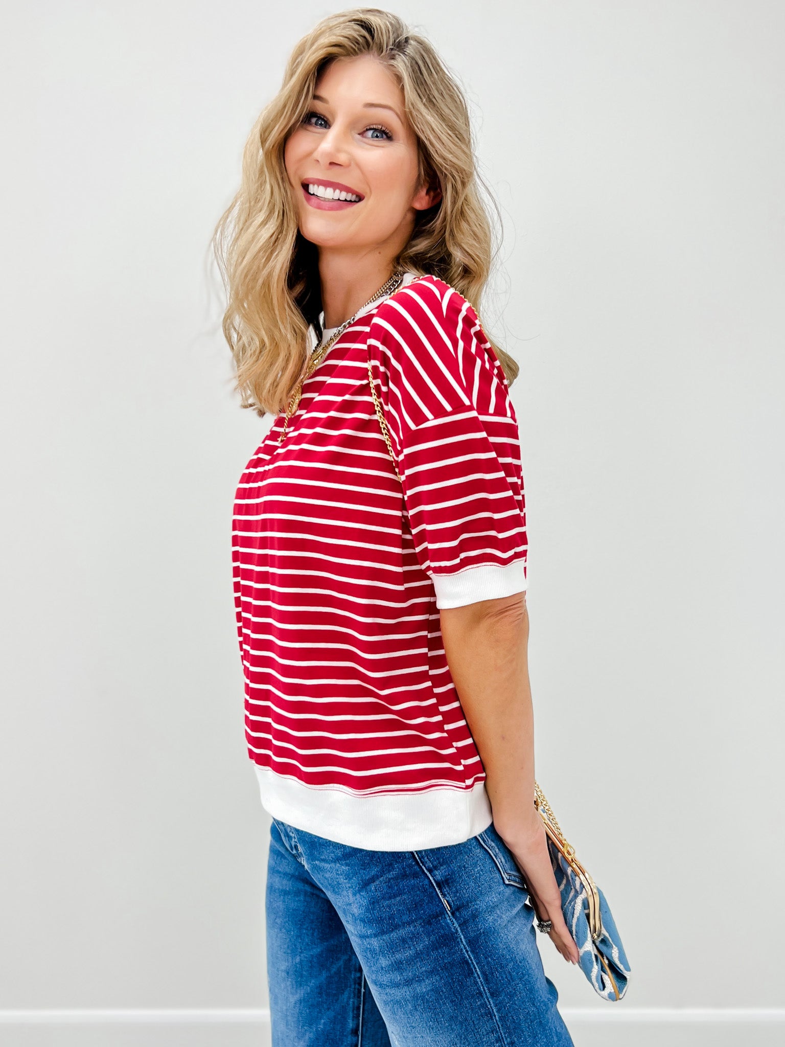 Striped Rib Banded Pullover Top With Dorito Neck Stitch-Grp B