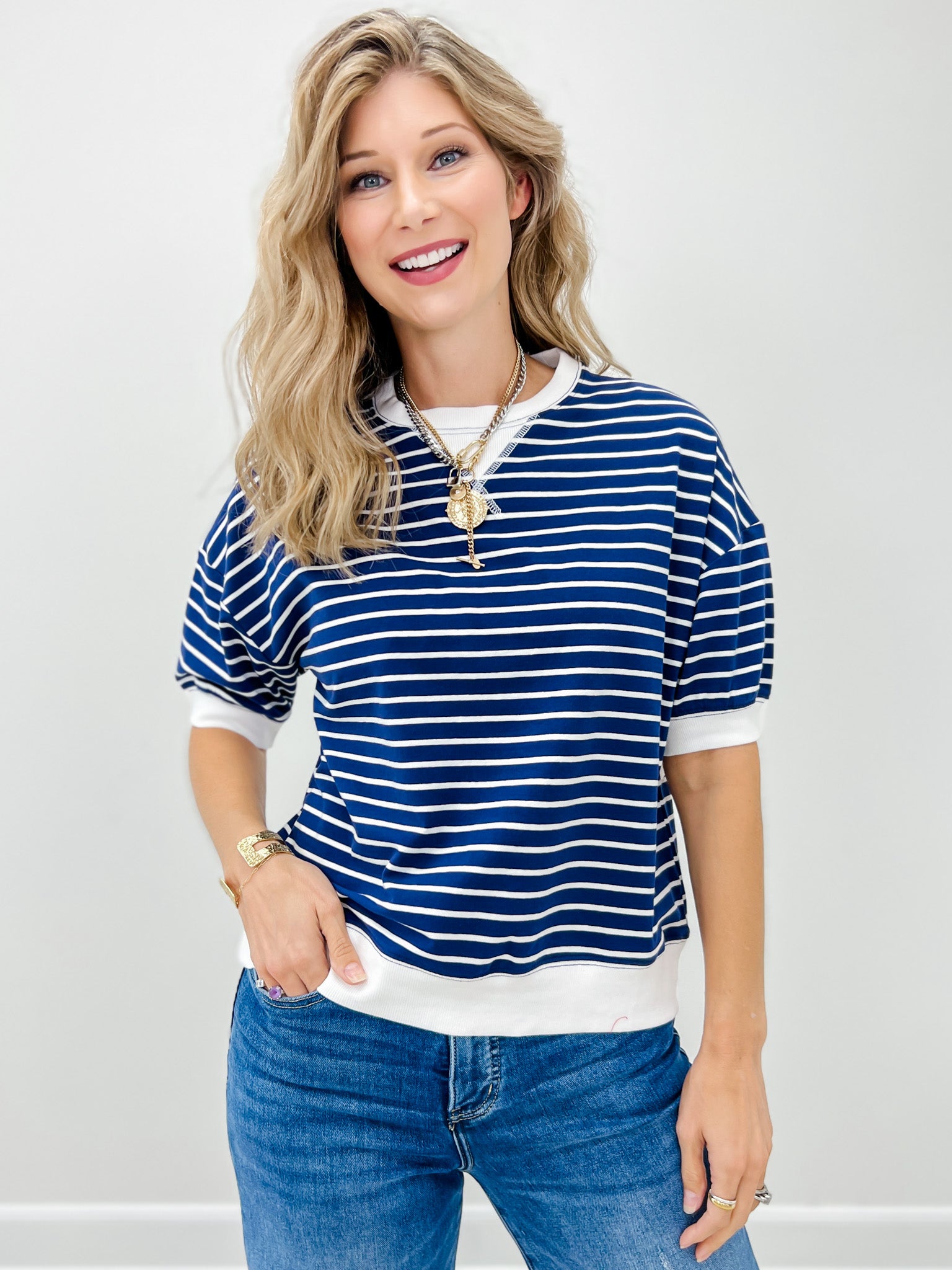 Striped Rib Banded Pullover Top With Dorito Neck Stitch-Grp B