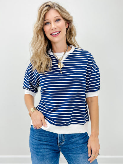 Striped Rib Banded Pullover Top With Dorito Neck Stitch-Grp B