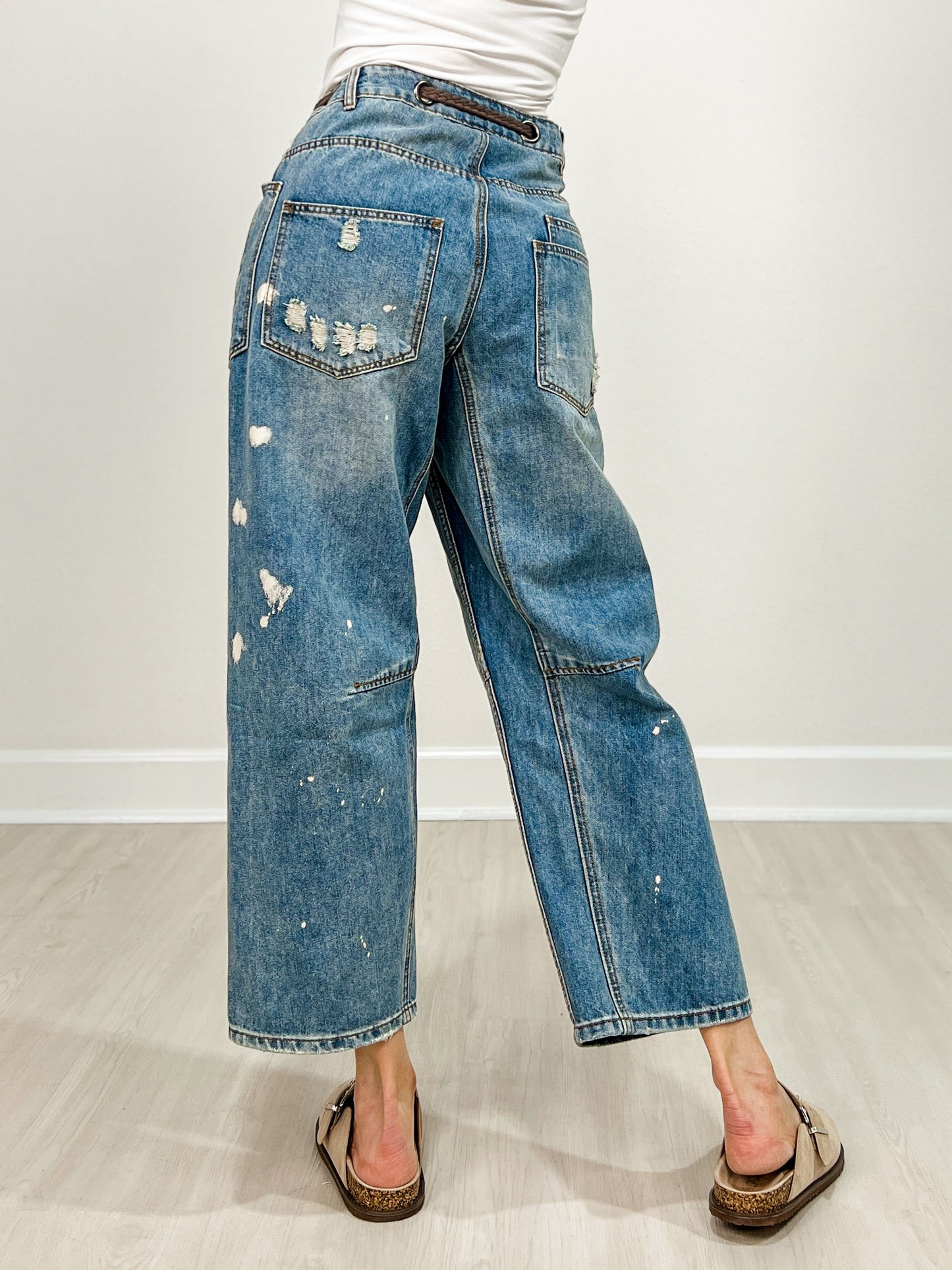 Washed Paint Splattered Barrel Jeans