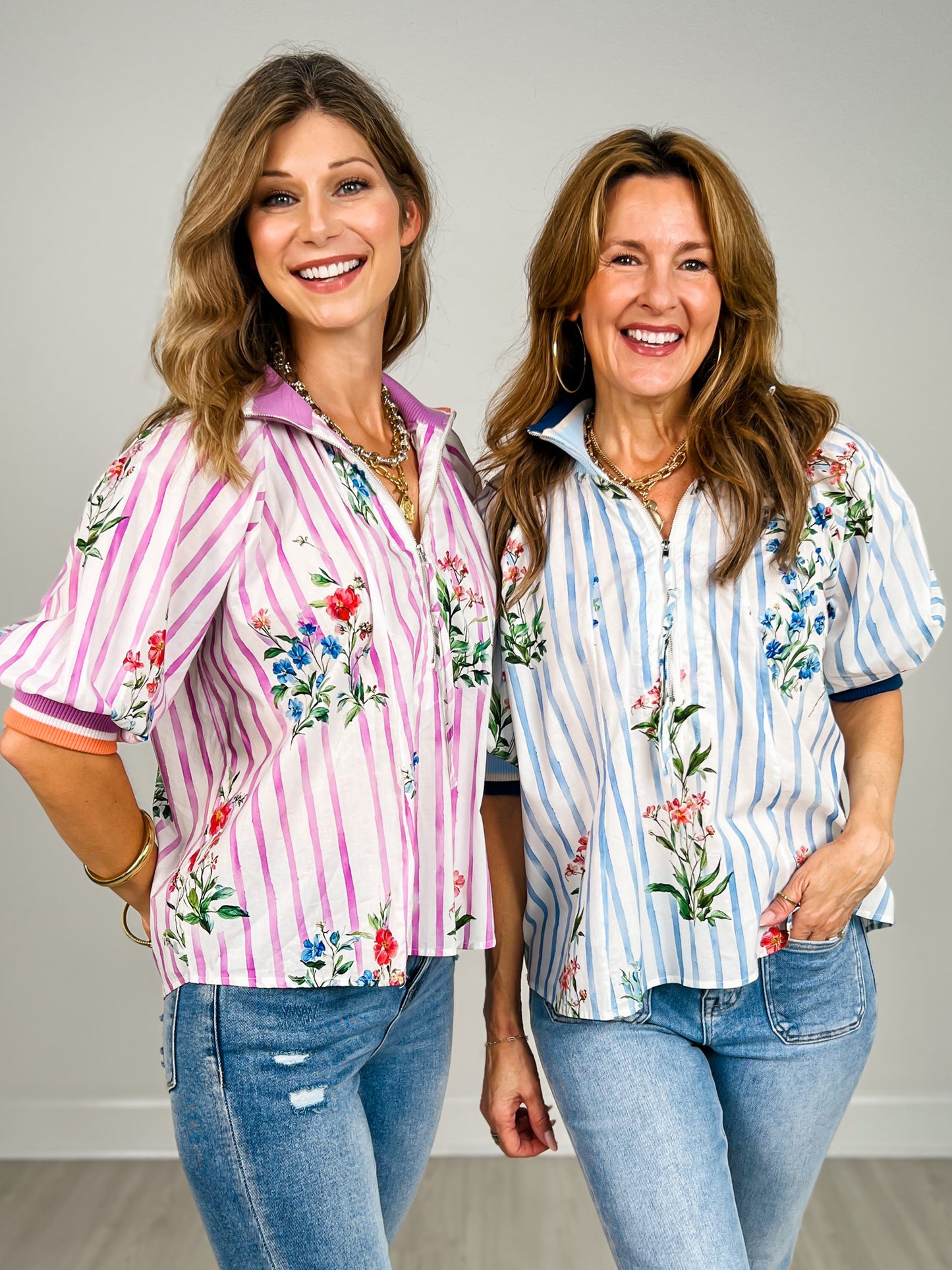 3/4 Sleeve Half Zip Floral Print Top