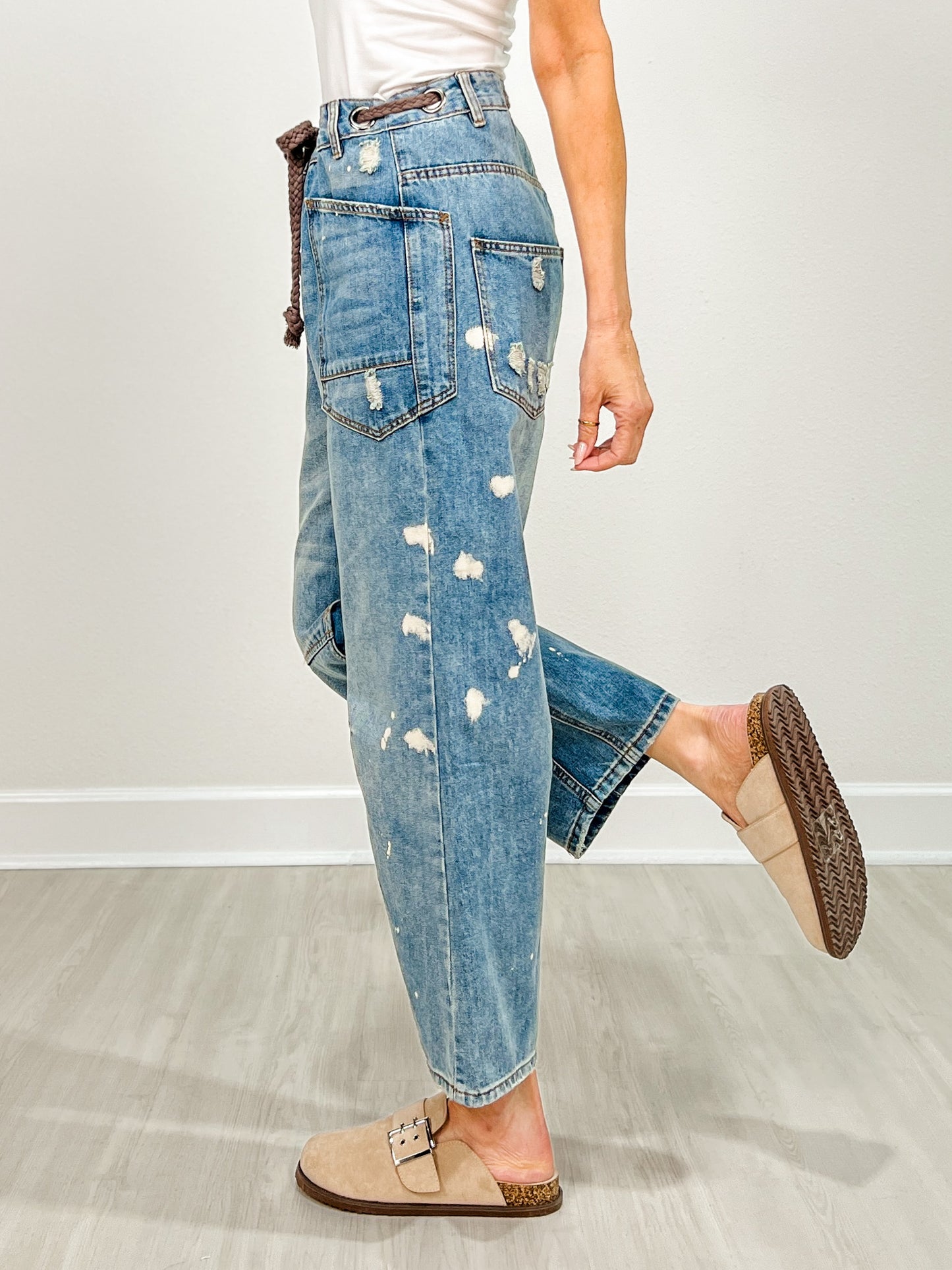 Washed Paint Splattered Barrel Jeans