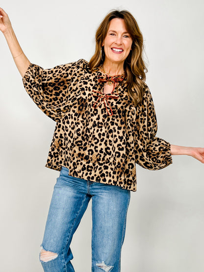 Leopard Print Puff Sleeve Top with Scalloped Ribbon Detail