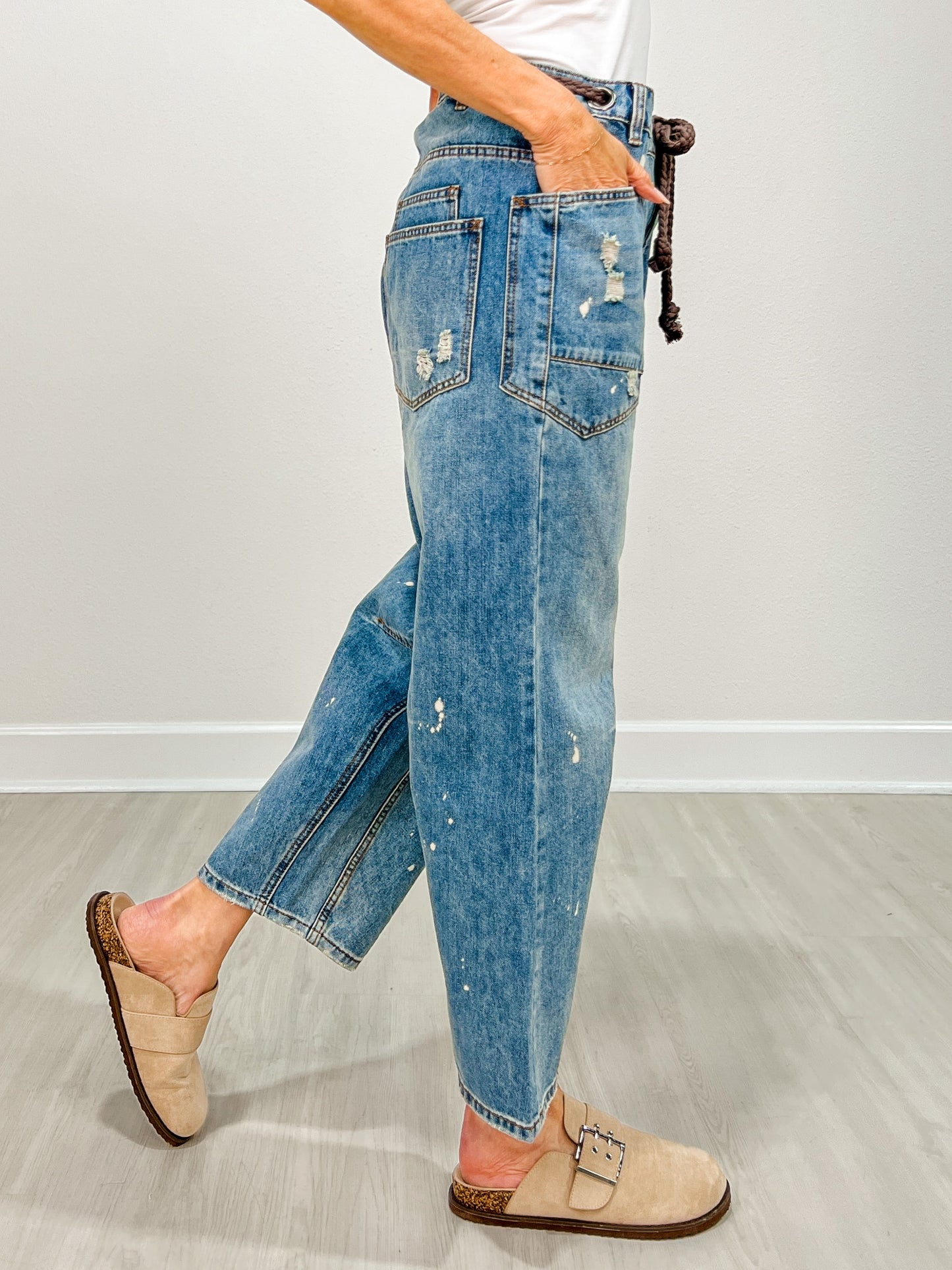 Washed Paint Splattered Barrel Jeans