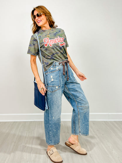 Washed Paint Splattered Barrel Jeans