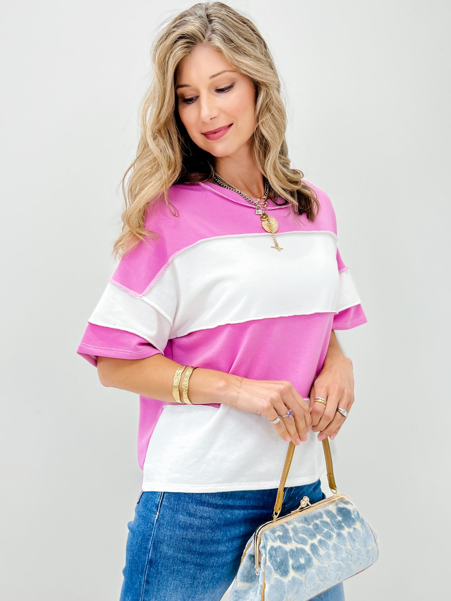 French Terry Color Block Exposed Seam Top-Grp A