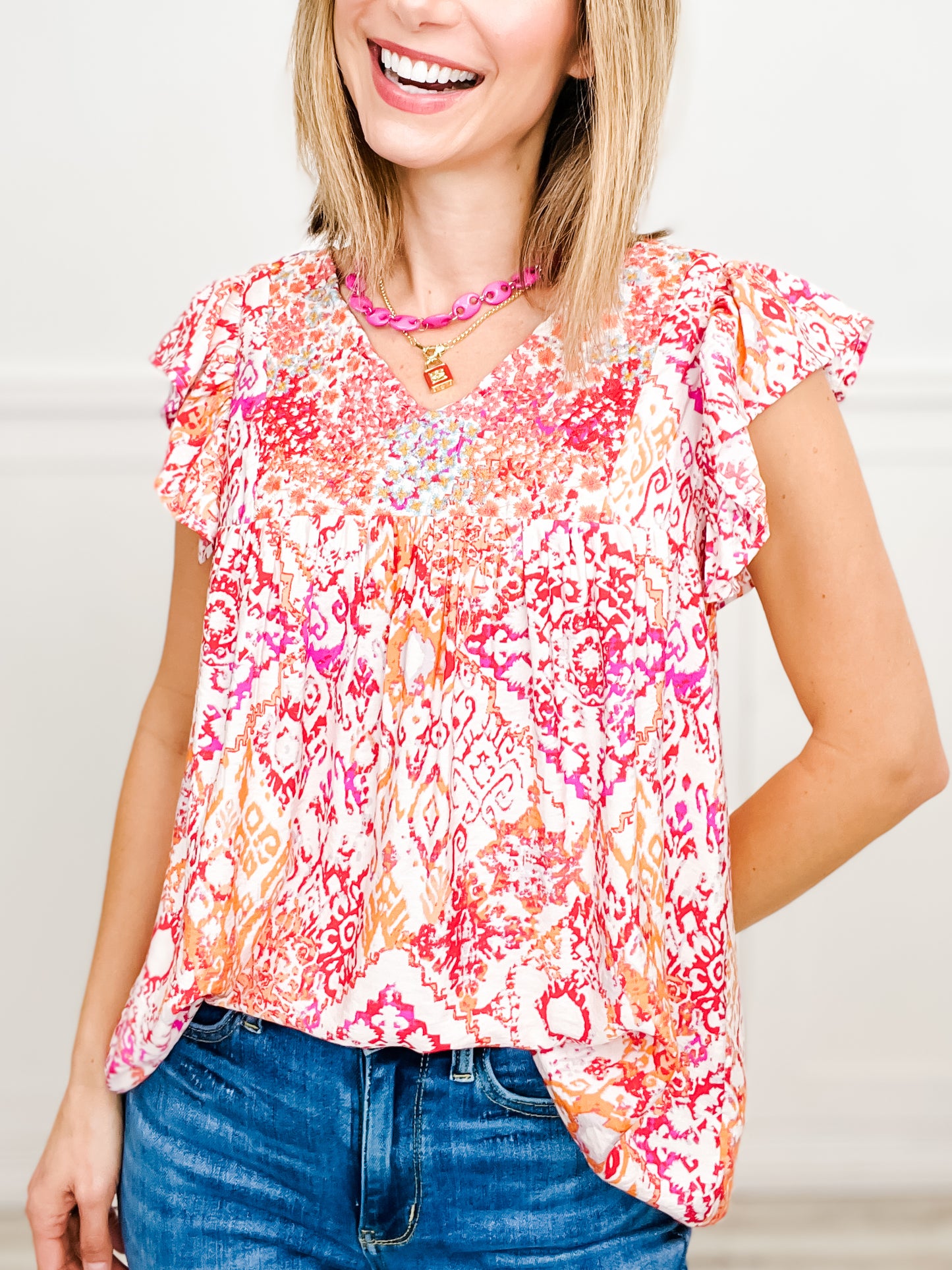 Babydoll Print Top with Floral Embroidery