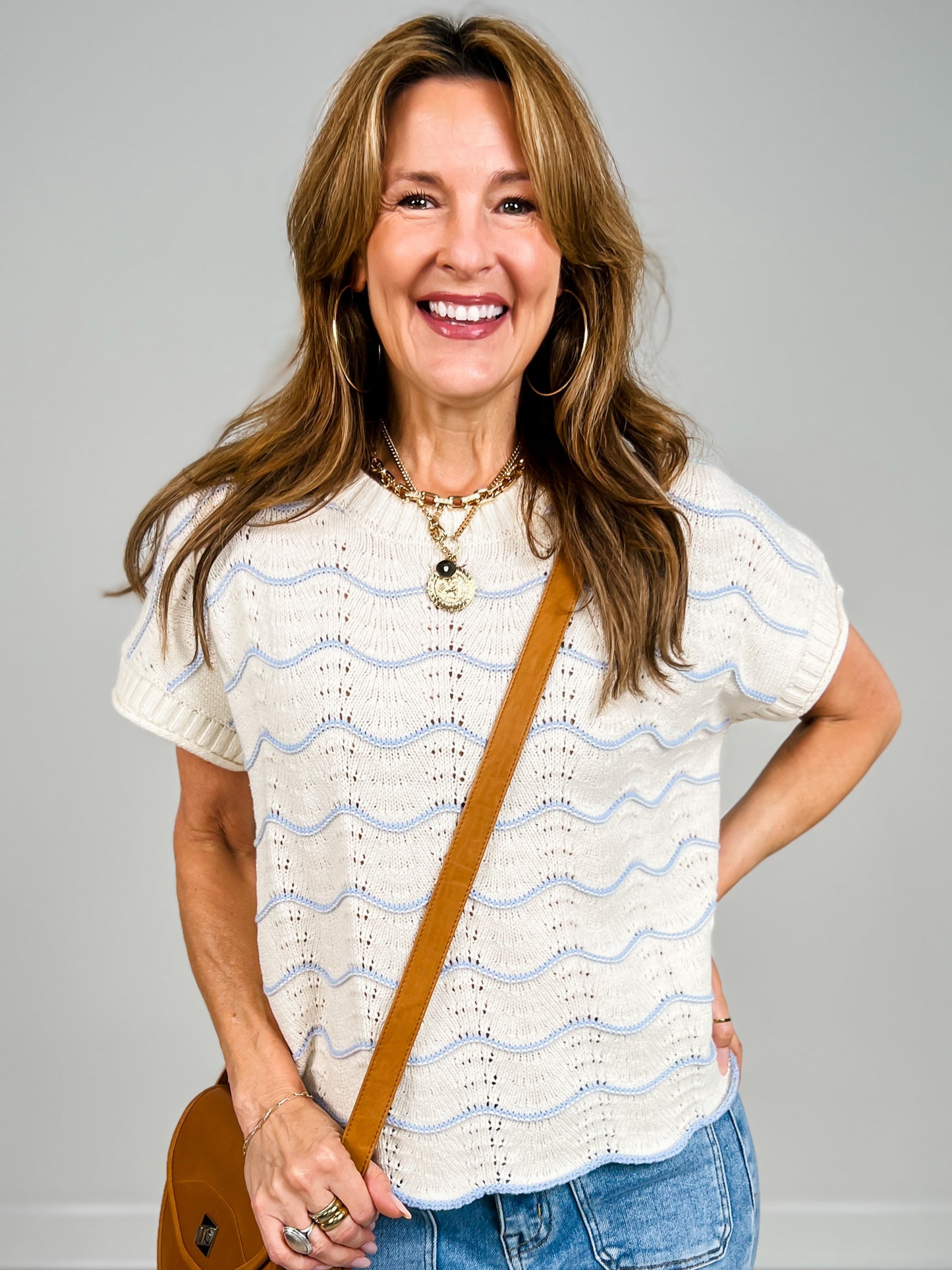 Drop Short Sleeve Scallop Striped Pattern Sweater Top