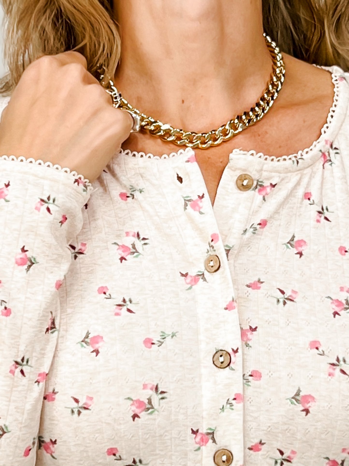 Floral Print Button Front Top with Lace Trim Neckline