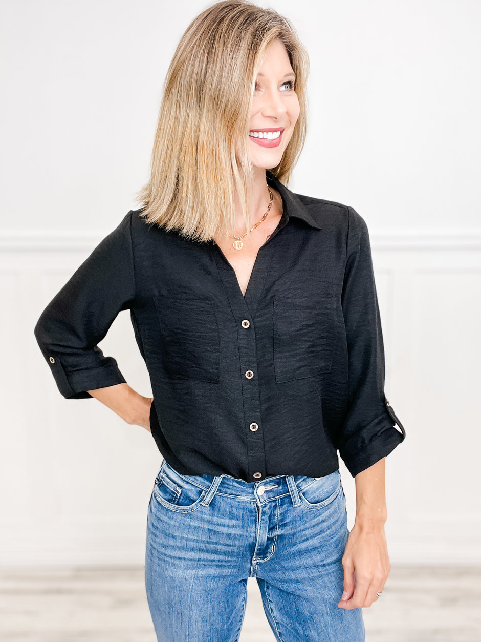 3/4 Length Button Tab Button Down Collared Top