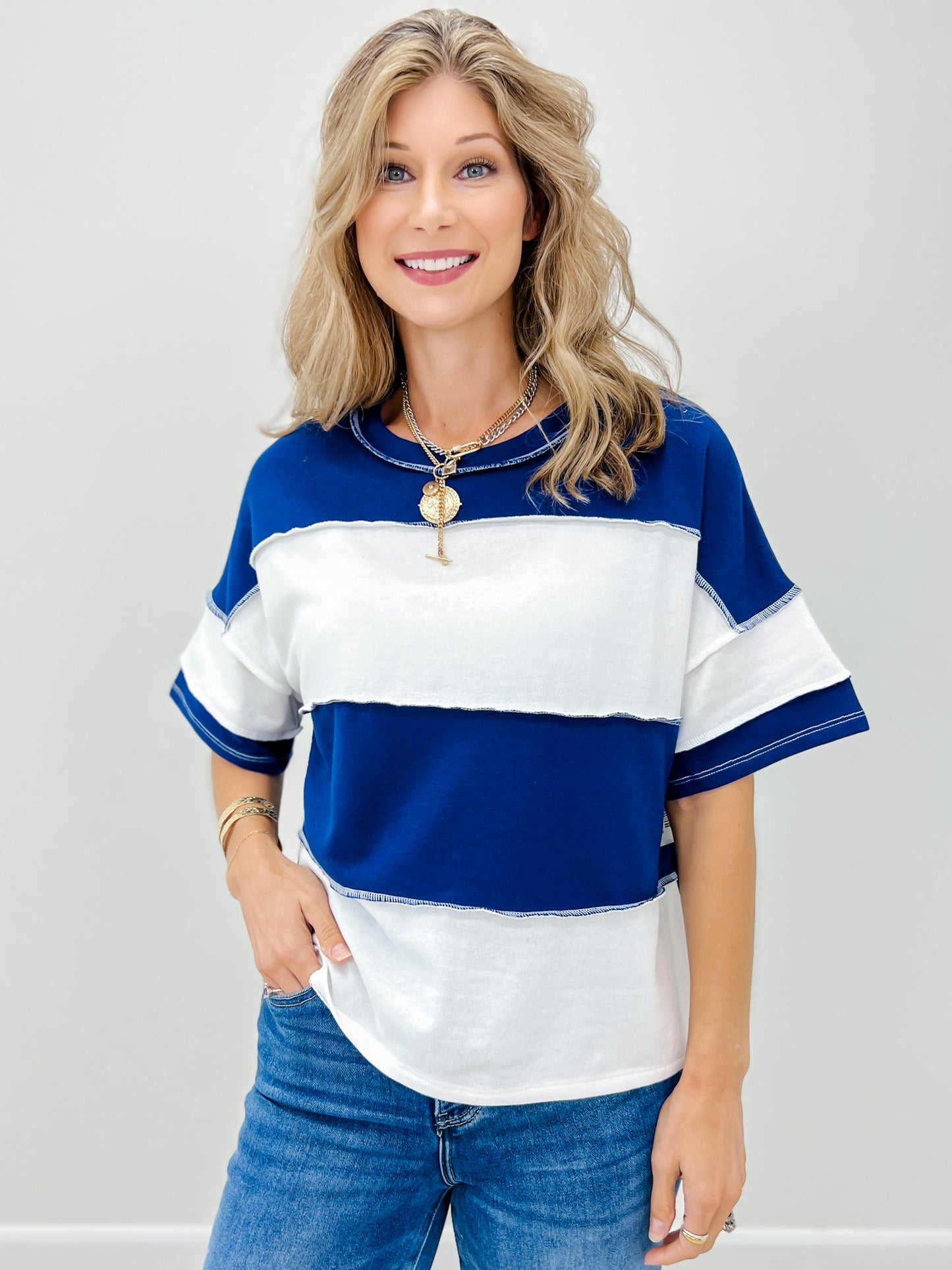 French Terry Color Block Exposed Seam Top-Grp B