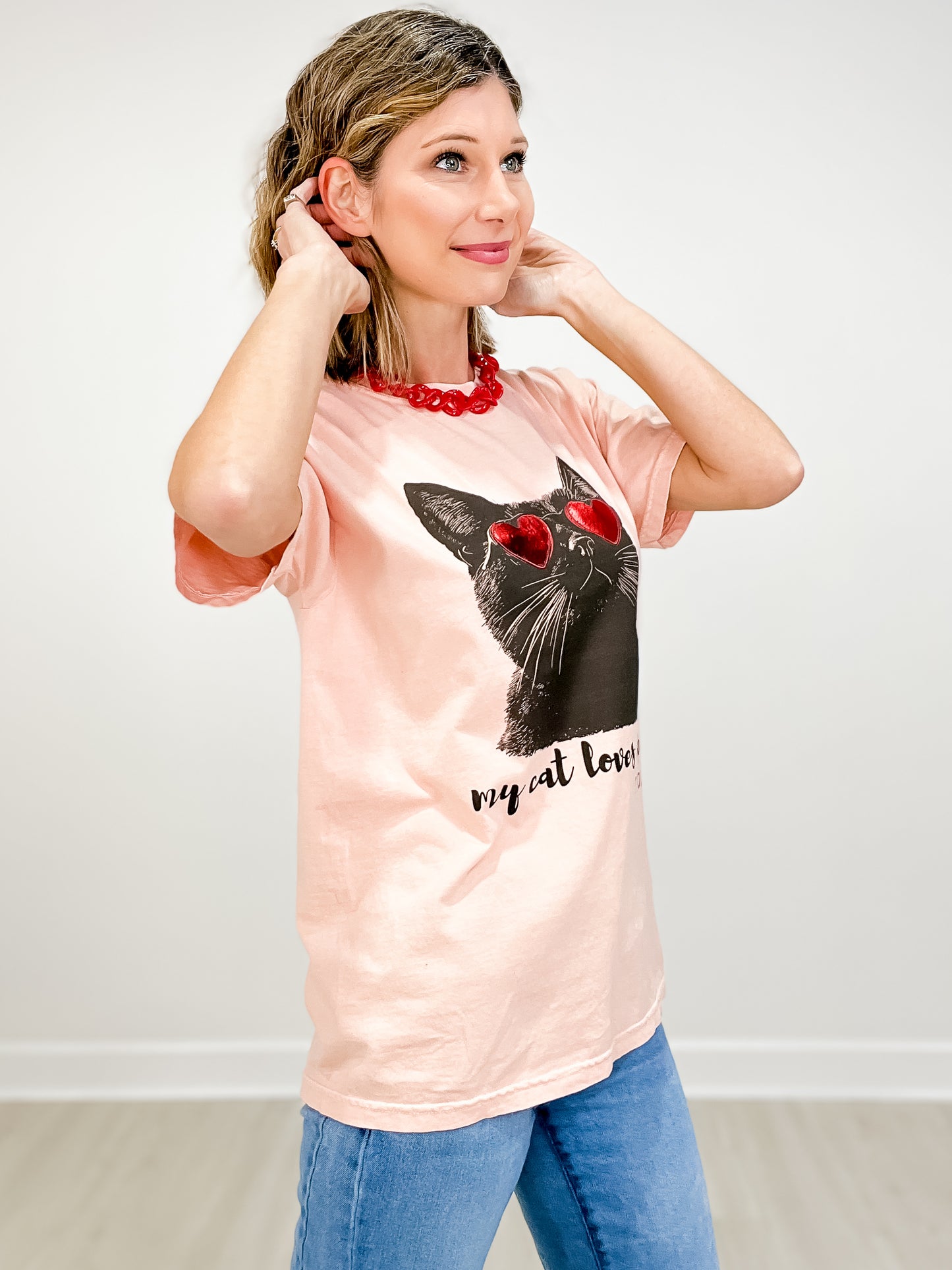 My Cat Loves Me Red Foil Valentines Graphic Tee