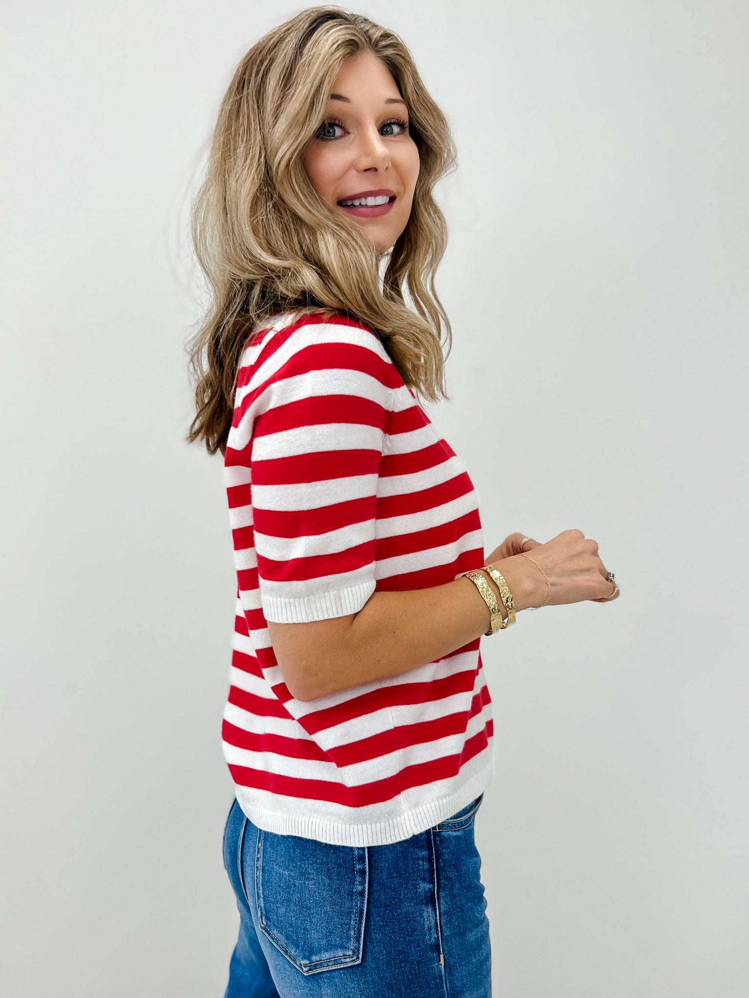 Split Neck Striped Short Sleeve Sweater Top