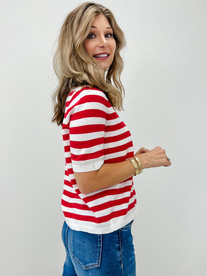 Split Neck Striped Short Sleeve Sweater Top
