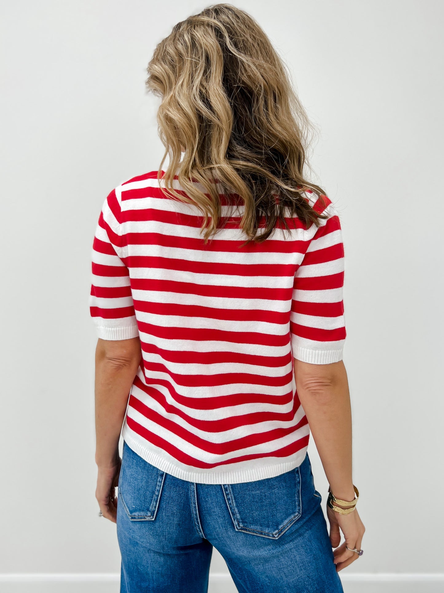 Split Neck Striped Short Sleeve Sweater Top