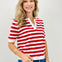 Split Neck Striped Short Sleeve Sweater Top