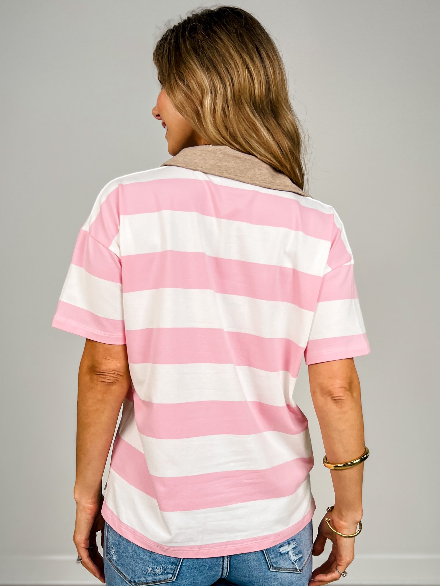 Short Sleeve Striped Collared Polo Top