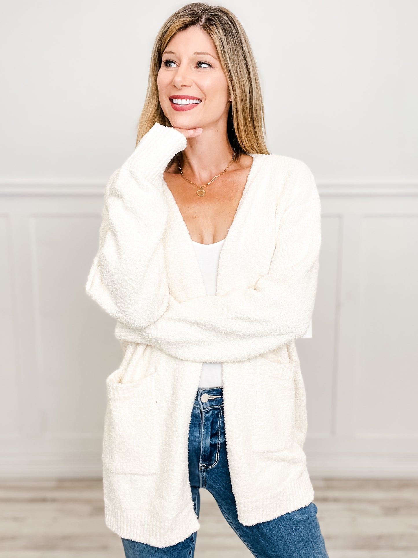 SOFT FUZZY KNIT OPEN FRONT CARDIGAN