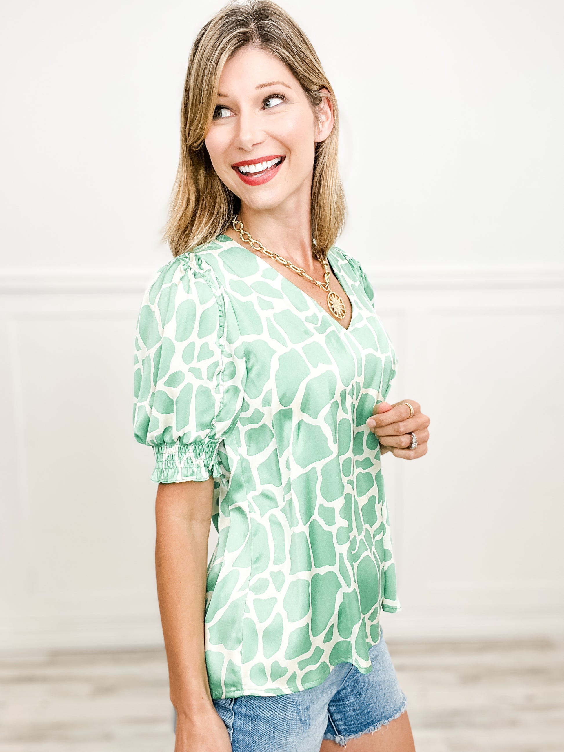 It's A Jungle Out There Satin Print V-Neck Top