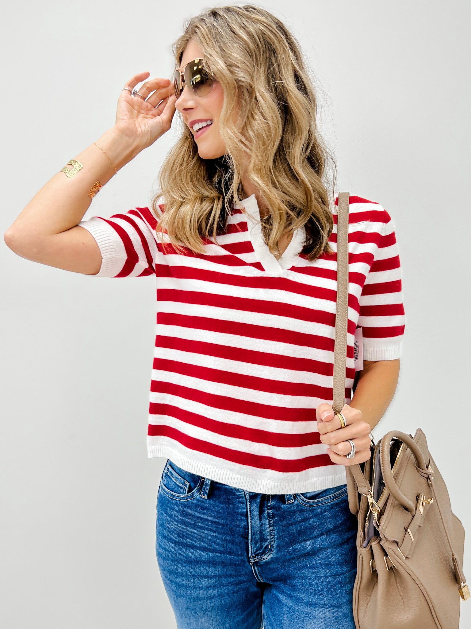 Split Neck Striped Short Sleeve Sweater Top