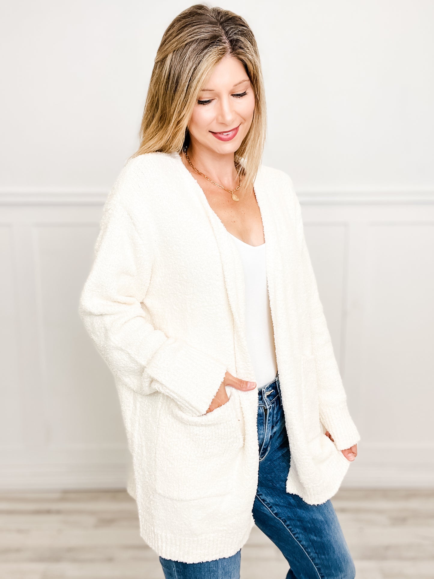 SOFT FUZZY KNIT OPEN FRONT CARDIGAN